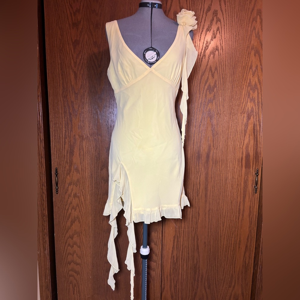 White Fox Boutique Pale Yellow Asymmetrical Ruffle Dress